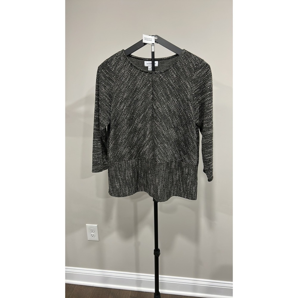 Liz Claiborne Herringbone Knit 3/4 Sleeve Top Charcoal Black Medium